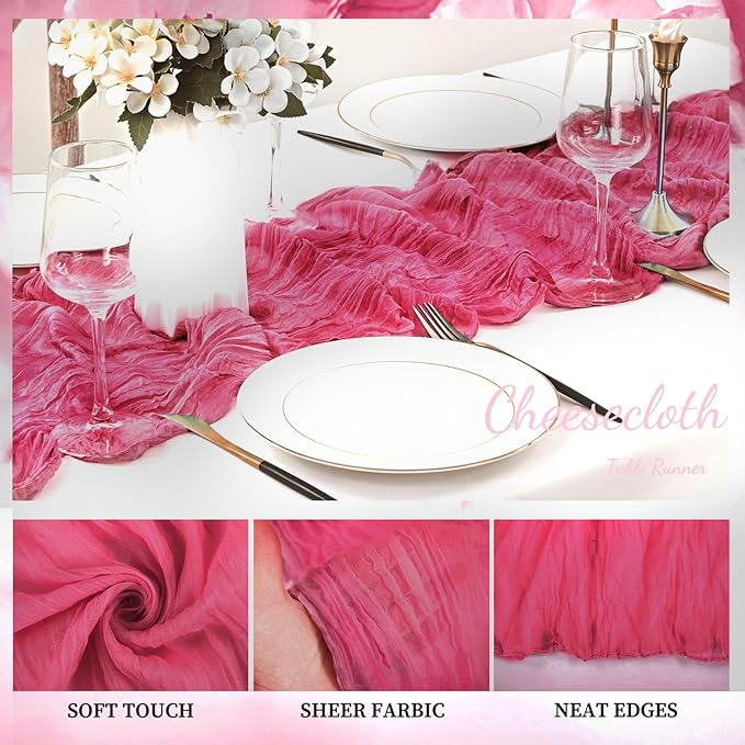 Hot Pink 20 Pack Cheesecloth Table Runner 10FT Boho Fabric Rustic Cheese Cloth Table Runner for Wedding 20 x 120 Inch Long Bridal Shower Baby Shower Gauze Sheer Birthday Party Table Decorations