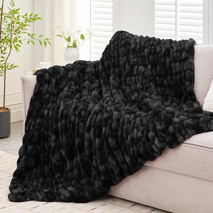 Ultra Soft Luxury Faux Fur Twin Blanket for Counch,Fuzzy Fluffy Plush Warm Cozy Elegant Wrinkled Blanket for Sofa Bedroom Living Room,（60"x80",Tie-dye Black）