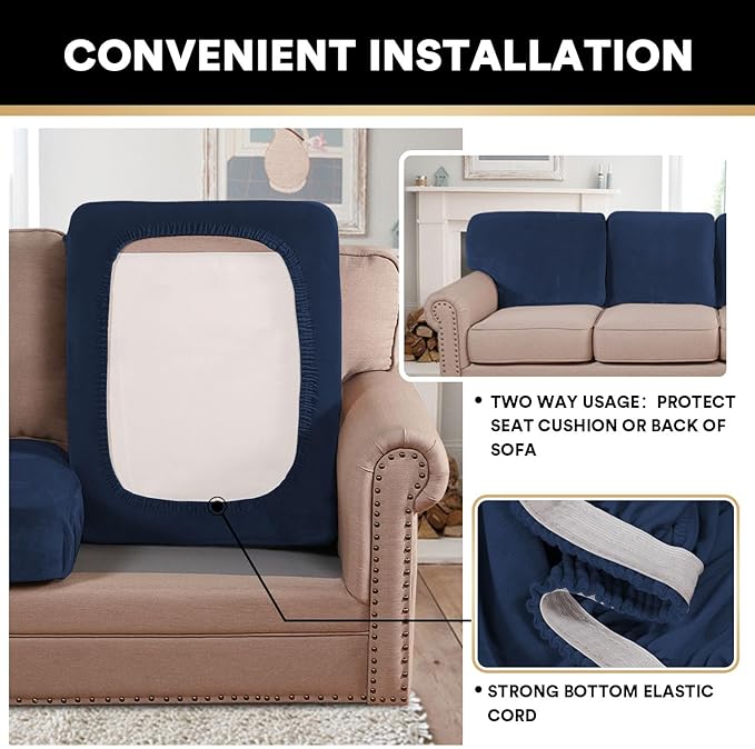 PrinceDeco Velvet Couch Cushion Cover Soft Stretch Cushion Slipcover for Chair Loveseat Sofa Cushion Furniture Protector Seat Cushion Sofa Cover (2 Piece Large Sofa Cushion Covers, Navy)