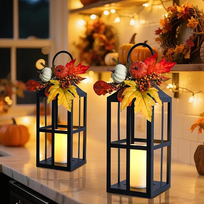 Fall Decorative Lanterns Outdoor, Waterproof 17.7" Decorative Lantern Indoor Decor Metal Hanging Candle Holder LED Flameless Candle Lantern for Patio, Porch, 2 Packs