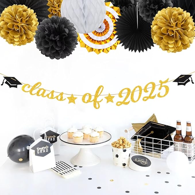 Black Gold Party-Decoration Graduation Banner - 14pcs Kits Cap Garland Streamers, Paper Tissue Pom Poms Flowers Fans Honeycomb,Class Of 2025 College High School Grad Decor Hugfond