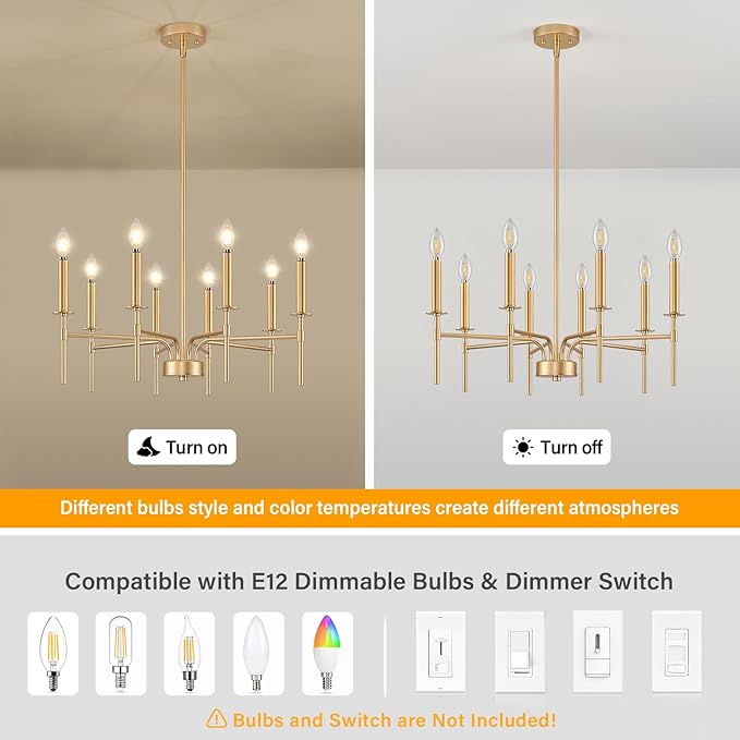 8 Light Gold Chandelier Light Fixture, Modern Farmhouse Chandeliers for Dining Room Light Fixture, Metal Candle Pendant Chandelier for Foyer Entryway Stairs Living Room Bedroom Kitchen