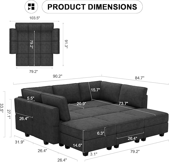 Belffin Modular Sectional Sleeper Sofa Couch with Storage Ottoman Convertible Sectional Couches for Living Room Terry Reversible Chaise. Black Sofa