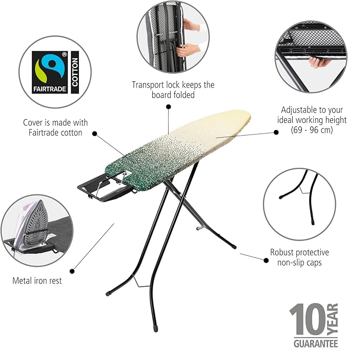 Brabantia Size A Compact Small Ironing Board (43x12 in) 7 Height Options, Adjustable Steam Iron Rest Holder (New Dawn) Non-Slip Feet, Anti-Collapse Child Locks