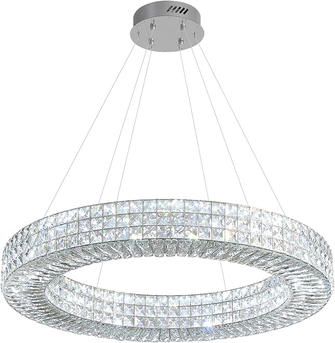 Dia 32" Ring Crystal Chandelier Modern Silver Ring Chandelier Adjustable Height Luxury Crystal Pendant Ceiling Light Fixture for Dining Living Room Bedroom
