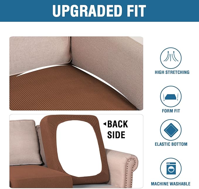 H.VERSAILTEX Super Stretch Individual Seat Cushion Covers - Sofa & Couch Cushion Slipcover Sets - Thick Jacquard Textured Twill Fabric (3 Piece, Caramel)