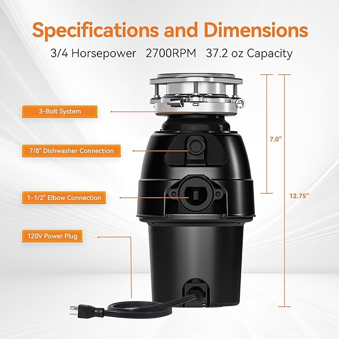 3/4 HP Garbage Disposal, TECASA Food Garbage Disposal with Power Cord, Stainless Steel Grinding System and 3-Bolt Mounting, Continuous Feed Garbage Disposals, Quiet, Taskmaid Series 75