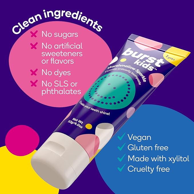 BURST Bubblegum Bonanza Kids Toothpaste with Fluoride (4oz/2 Pack) | Great Tasting Flavored for Children & Toddlers | Anticavity | Dye Free & Vegan | Safe for Kids Ages 2+