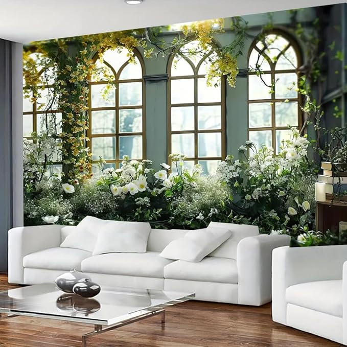 FENDROM Window View White Flower Tapestry Nature Landscape Classic Flower Vine Wall Hanging Party Decorations For Bedroom Living Room Dorm