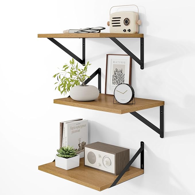 Heimlove Deep Floating Shelves for Wall, 12 Inch Deep Floating Shelves Set of 3, 16W x 12D Wood Wall Shelves, Wide Wood Shelves with Metal Bracket for Living Room, Kitchen, Office, Bedroom - Oak