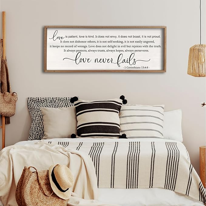 flowtorely Love is Patient, Kind Wall Art Decor 32"X12" Sign 1 Corinthians 13 Bedroom Above Bed Wall Decor Large Bible Verse Quote Scripture Christianity Hanging Sign (Wood)