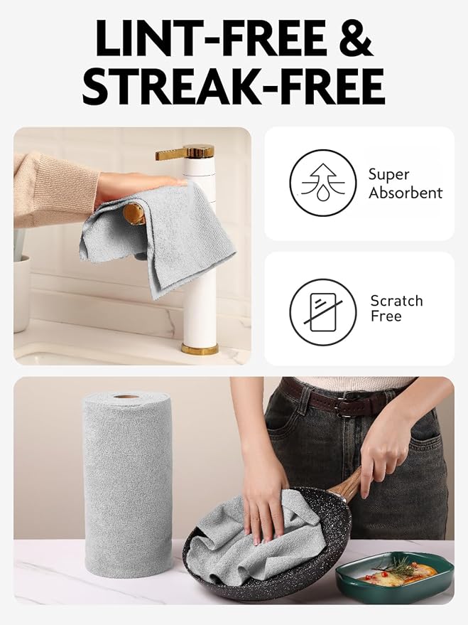 Fantasticlean Microfiber Cleaning Cloth Roll -150 Sheets, Tear Away Microfiber Towels, 12" x 12", Reusable Washable, Ultra Absorbent Dish Rags for Car, Home, Garage or Shop (Pink and Grey)