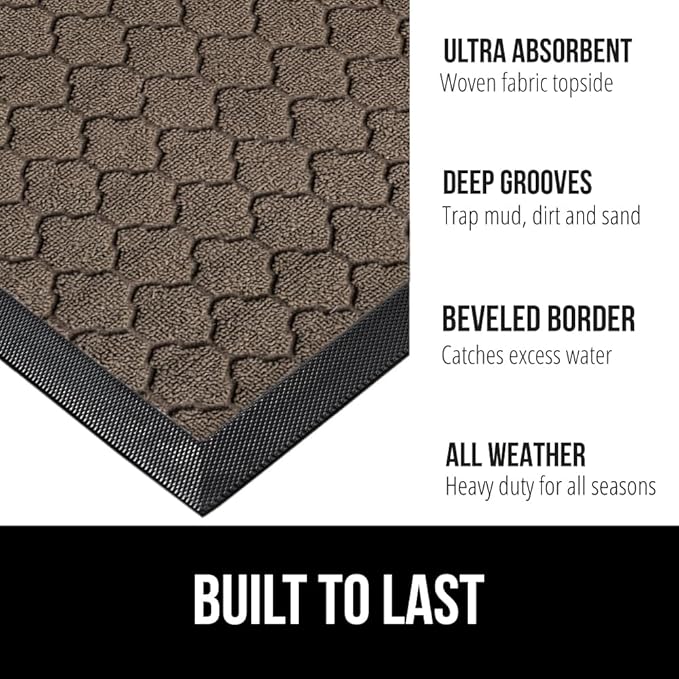 GORILLA GRIP 100% Waterproof All-Season WeatherMax Doormat, 47x35, US Designed Natural Rubber, Stain and Fade Resistant, Low Profile Indoor Outdoor Door Mats, Easy Clean Patio Mat, Latte Quatrefoil