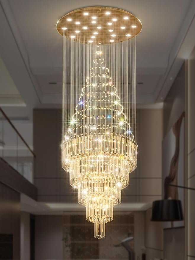 Flashing God 40''X120 High Ceiling Chandelier Crystal Raindrop Gold Chandeliers Staircase Large Chandelier Villa Entrance Foyer Pendant Light Foyer High Ceiling Light 15 GU10 Bulb Dimming
