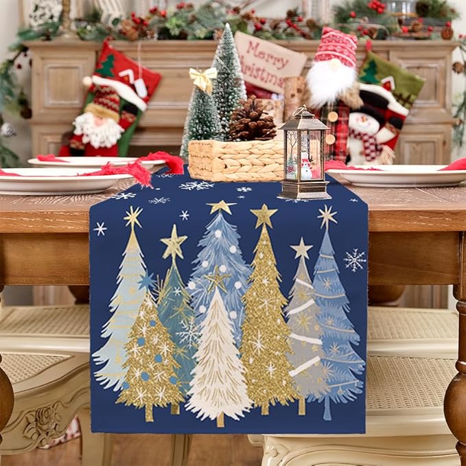 GEEORY Christmas Table Runner 13x90 Inch, Xmas Trees Snowflakes Holiday Decorative Farmhouse Table Decoration for Kitchen Dinning, Indoor Outdoor Dinner Party Decor (Blue) GT151-90