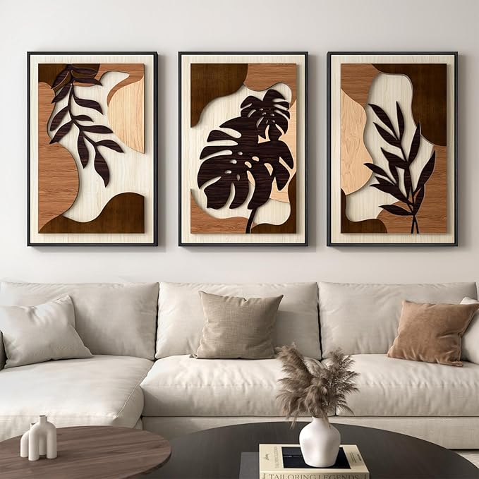 Framed Textured Wood 3D Wall Art for Living Room, Large Boho Tropical Brown Artwork for Walls, 3 Piece Farmhouse Botanical Leaf Wood 3D Textured Wall Art Decor for Office Bedroom Hallway, 24x36 Inch