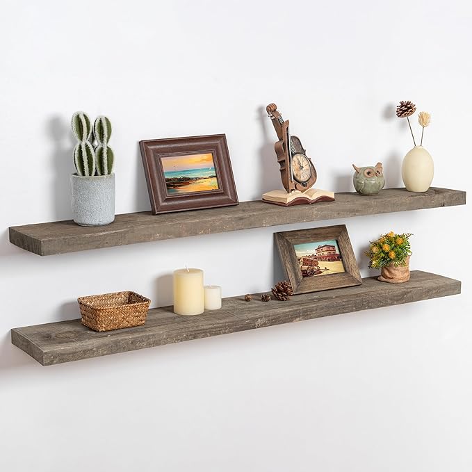 48 Inch Fireplace Mantel Shelf - 8 Inch Deep Rustic Solid Reclaimed Wood Floating Shelf, Wall Mounted Farmhouse Display Shelf with Invisible Heavy Duty Metal Bracket, Set of 2, Cement Grey