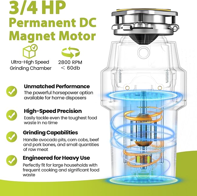DC Garbage Disposal 3/4 HP Quiet (60dB) with Cord & Dishwasher Hookup for Kitchen Sink Food Waste, 6-Stage Grinding, 3-Bolt, 2700RPM, Continuous Feed, Titanium Stainless Steel, 10-Year Warranty