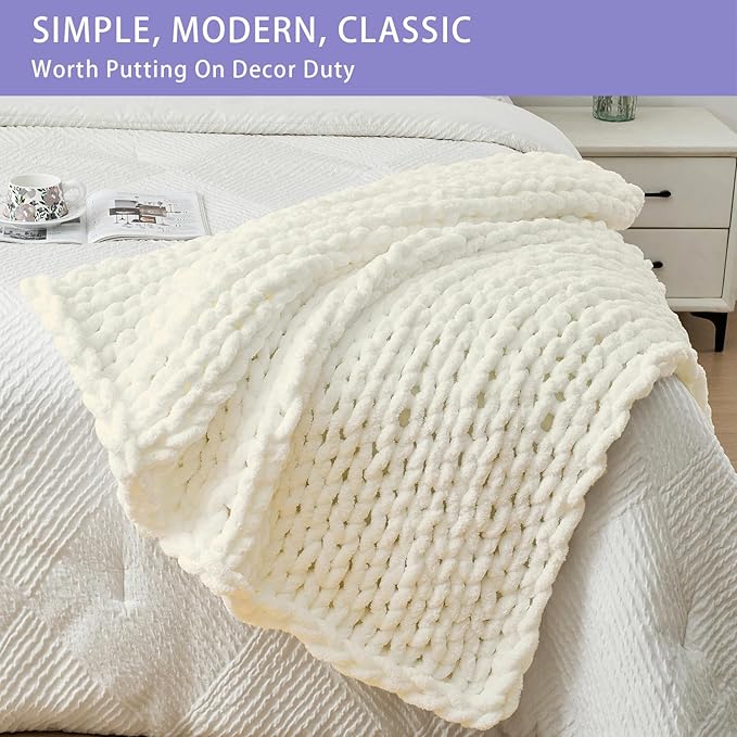 Bigacogo Chunky Knit Throw Blanket for Couch, 40x40 inches, 100% Hand Knitted with Thick Jumbo Chenille Yarn, Cozy Soft Large Rope Knot Cable Crochet Blankets for Sofa Bed Living Room, Ivory