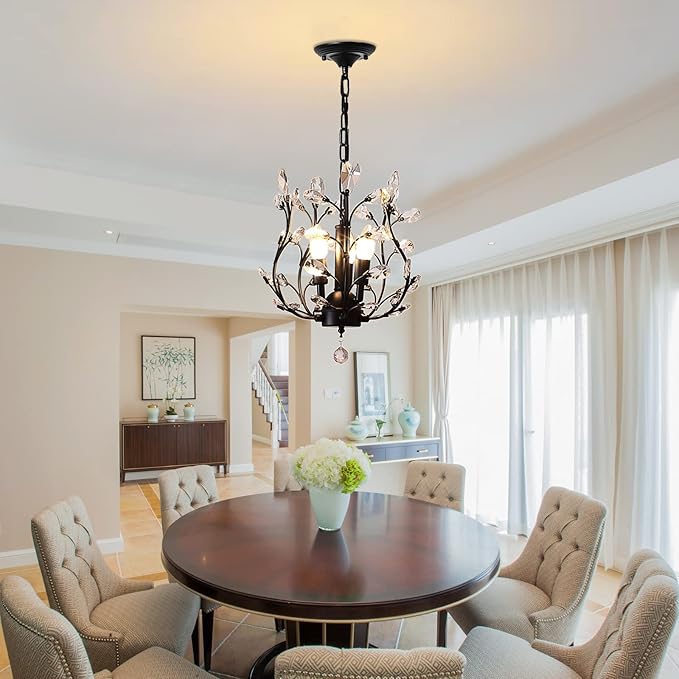 Ganeed Vintage K9 Clear Crystal Chandeliers,Ceiling Lighting,Pendant Lighting Flush Mounted Fixture with 3 Light for Living Room Dinning Room Restaurant Porch Hallway (Black)