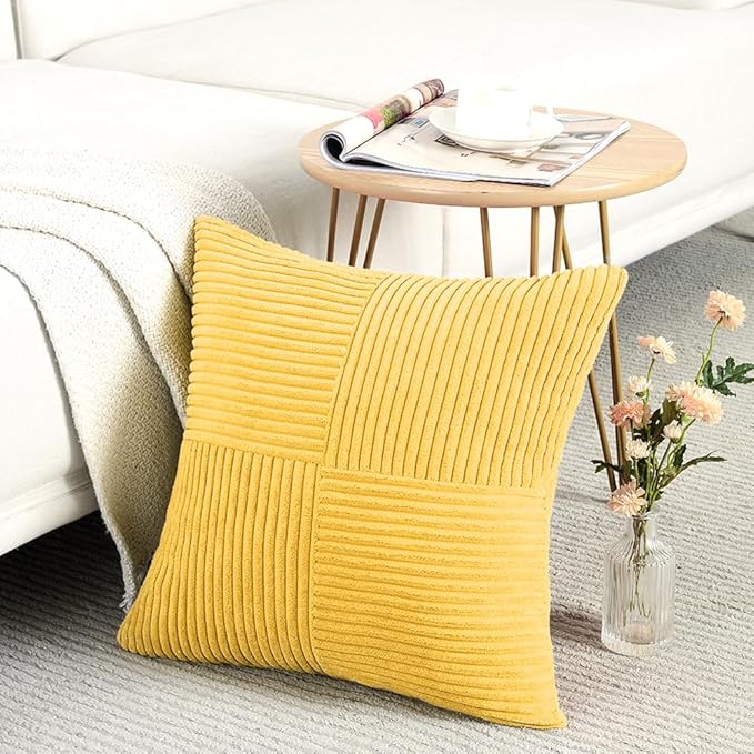 Fancy Homi 2 Packs Yellow Decorative Throw Pillow Covers 20x20 Inch for Living Room Couch Bed Sofa, Rustic Farmhouse Boho Home Decor, Soft Corss Corduroy Patchwork Accent Square Cushion Case 50x50 cm