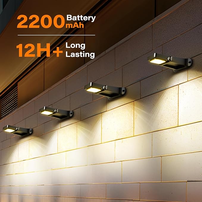 200LM Solar Wall Lights Outdoor 6 Colors, 2200mAh Long Lasting Solar Powered Deck Lights, 360° Adjustable Porch Light IP65 Waterproof, Glass Panel Fence Light for Gutter, Step, 2 Pack
