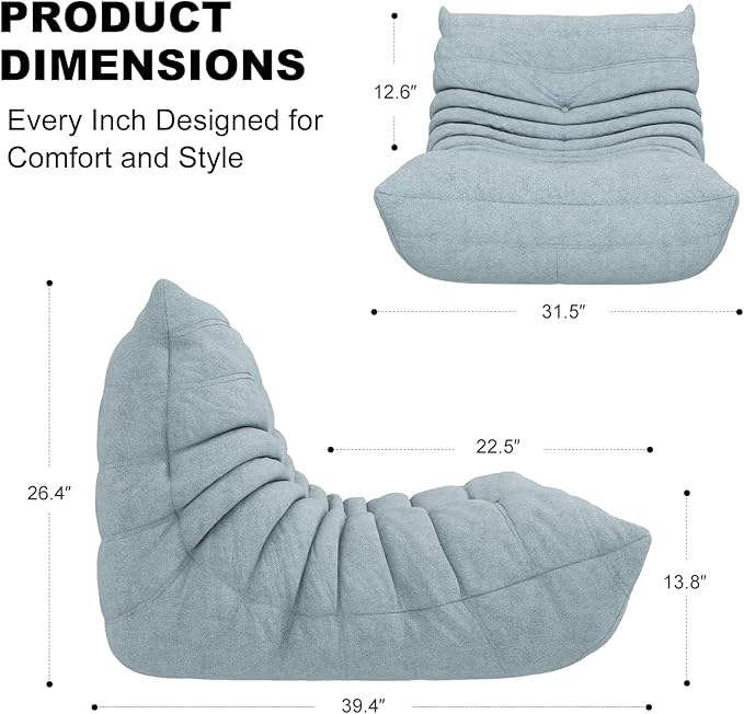 Bean Bag Chair for Adults, Bean Bag Sofa - Adult Size with Soft Waterproof Fabric for Living Room, Apartments, Reading Corner, Gaming, and Movie Venue (Mist Blue)