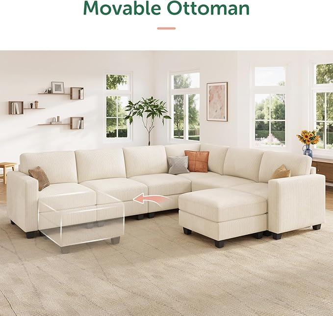 HONBAY Corduroy Sectional Couch with Storage U Shaped Sectional Sofa Modular Sectional Couches for Living Room, Beige