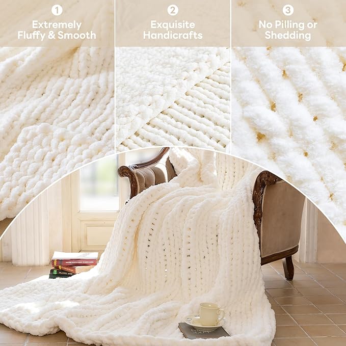 Chunky Knit Blanket - Luxury Soft Cozy 60 * 80 Throw Blanket,100% Woven Blanket Rope Knot Throw Blanket for Couch, Sofa, Home Decor, Gift - Machine Washable（Milk White）