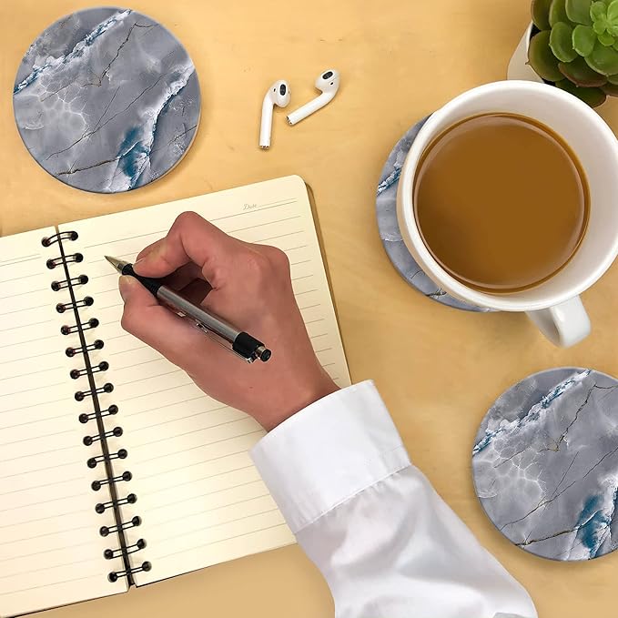 Emerson Coasters for Drinks Absorbent – Natural Stone Drink Coasters Set with Holder, Coasters for Coffee Table, Wooden Tabletop Protection Marble Style – 100% Heavy Duty Set of 6 (Graphite)