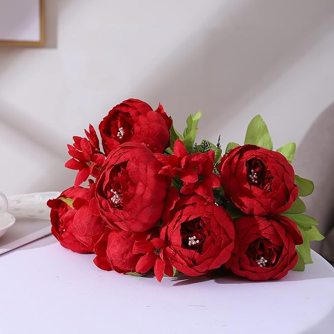 Duovlo Springs Flowers Artificial Silk Peony Bouquets Wedding Home Decoration,Pack of 1 (Spring Red)