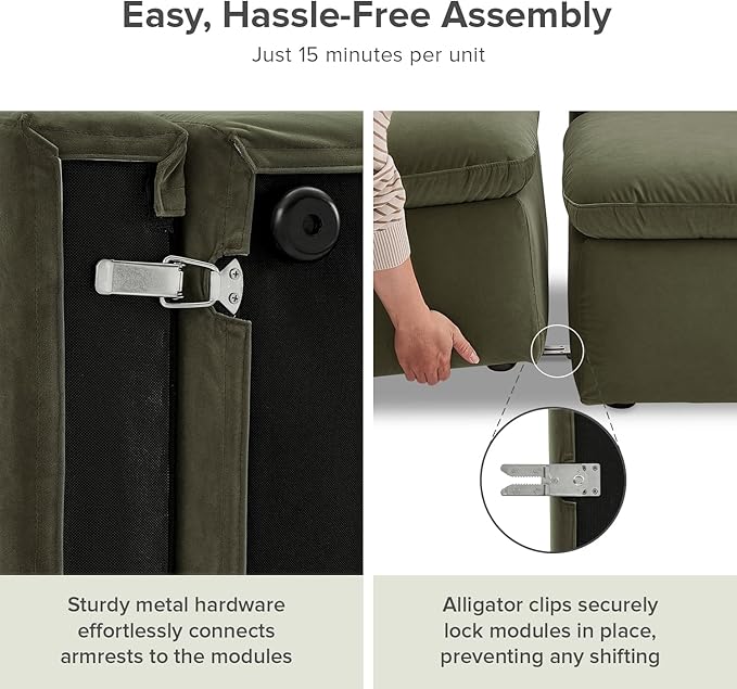 mopio Oversized Modular Sectional Sofa with Fully Removable Covers and Storage, Convertible U, L-Shaped and Sleeper Sectional, Modern Couches with Ottoman Chaise (Olive Green Velvet, Loveseat)