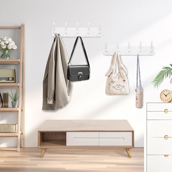 Coat Rack Wall Mount Coat Hooks Wooden Hat Rack for Wall Hooks Pine Real Wood Plank 16.9" White Coat Hanger with 5 White Triple Hooks for Hanging Coat Hat Jacket