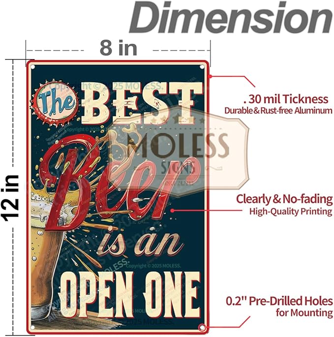 "The Best Beer is an Open One" Funny Bar Sign or Man Cave Decor | 12x8″ Durable Vintage Metal Beer Signs Wall Decorations for Home Bar/Basement/Garage/Mancave, 2347