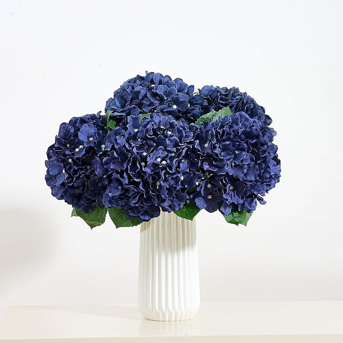 8Pcs Navy Blue Fake Flowers Silk Hydrangea Artificial Flowers Bouquets Faux Hydrangea Stems for Home Table Centerpieces Wedding Party Decoration