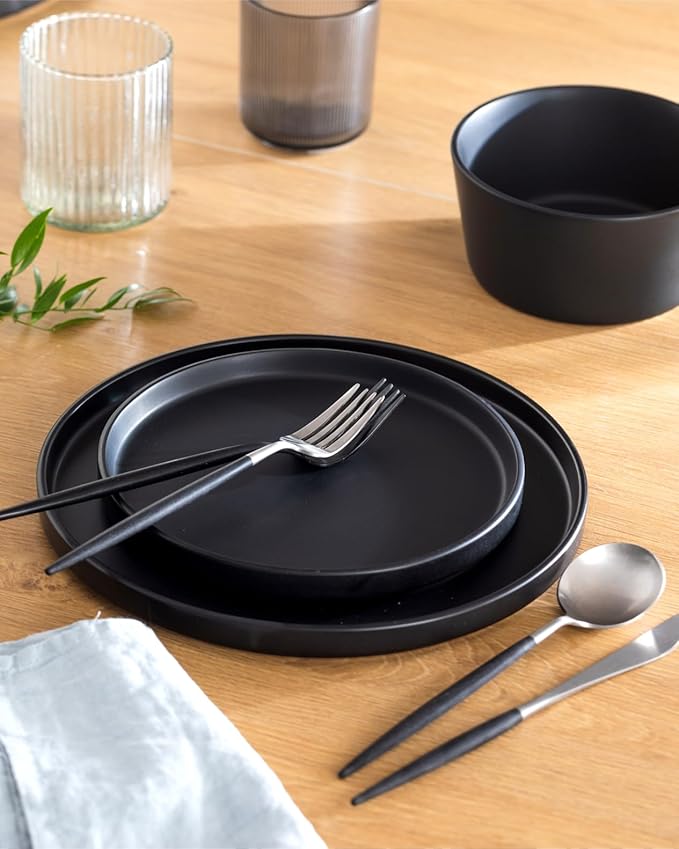 Ceramic Dinnerware Set - Scratch Resistant, Dishwasher & Microwave Safe Stoneware - 12 Piece Plates and Bowls for 4 - Matte Black