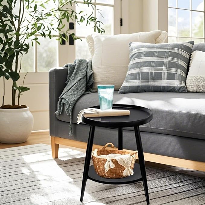 Small Round Side Table, 2-Tier Mid Century Modern Side Table, Round End Table Small Side Table for Living Room, Metal Frames, Black