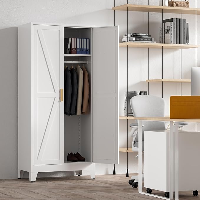 71'' Farmhouse Metal Wardrobe Cabinet with Hanging Rod, 2 Barn Door Wardrobe Closet with 5 Adjustable Shelves,Drawer,for Dining Room,Bedroom,Living Room, Cloak Room,Office (White)