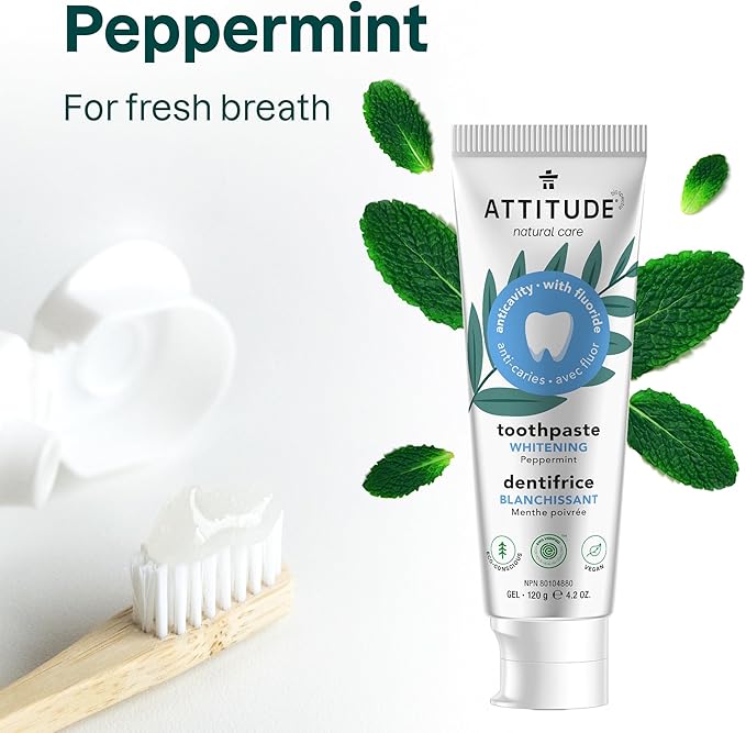 ATTITUDE Whitening Toothpaste with Fluoride, Peppermint Flavor, Vegan & Cruelty-Free, Sugar-Free, Plant & Mineral-Based Ingredients, Clean Oral Care, 4.2 Oz