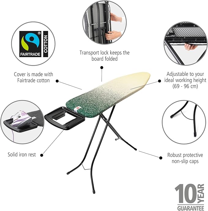 Brabantia - Ironing Board B – Solid Steam Iron Rest – Adjustable Height – Non-Slip Rubber Feet – 100% Fairtrade Cotton Cover with Foam Padding – Foldable – New Dawn – Size B (49 x 15 in)