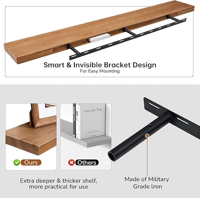 Floating Shelves for Wall, USA-Sourced Fir Wood 55 Inch Wall Shelves Set of 1, Natural Rustic Solid Wooden Floating Shelves Wall Mounted, Nursery Book Storage Shelf, Display Shelf for Bathroom