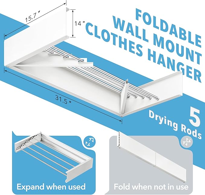 Drying Rack Clothing,Clothes Drying Rack Wall Mounted,Collapsible Hanging Racks for Laundry,Laundry Drying Rack,Wall Mounted Clothes Rack(31.5"-White) (White, 31.5 Inch)