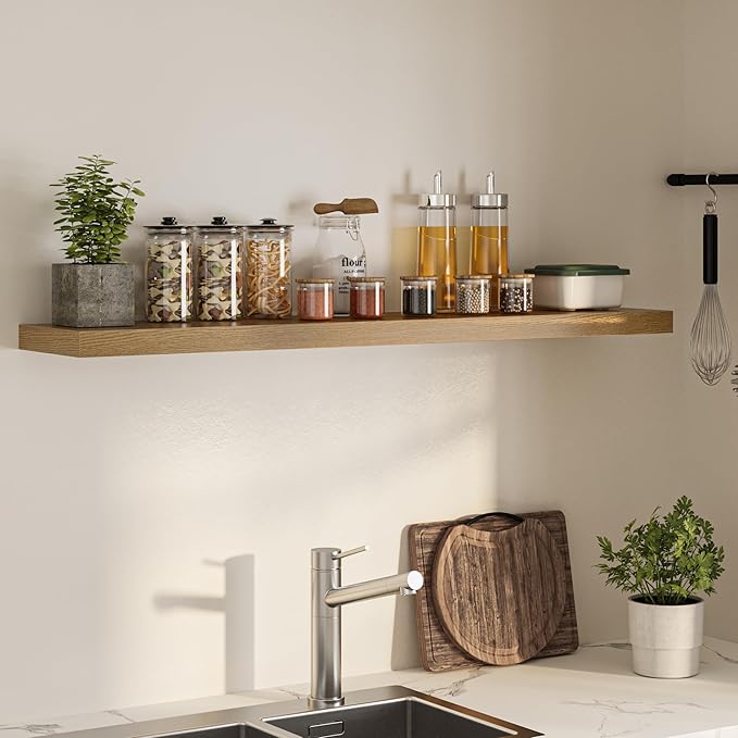 Floating Shelves for Wall, 55"W x 9.3"D x 1.5"H, Long Wooden Wall Mounted Display Shelves with Invisible Brackets for Living Room, Bedroom, Bathroom, Kitchen Decor and Storage, Set of 1, Oak