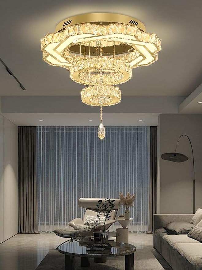 Flashing God Modern Crystal Chandeliers Dia 24" Gold Chandelier Flush Mount Ceiling Light for Bedroom Living Room Dining Room Hallway Dimmable 3 Rings LED Celing Lighting Fixtures