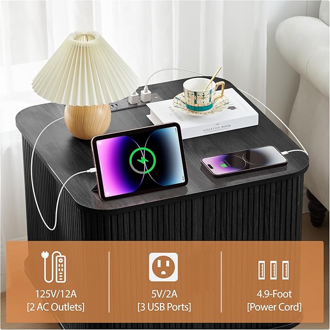 Farmhouse Square End Table with Charging Station, 24" Large Fluted Sofa Side Table with Sliding Tambour Door and Storage, Rustic Curved Wood Nightstand for Living Room, Bedroom, Black