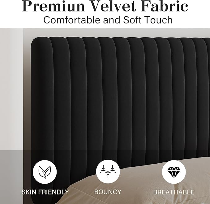 Twin Bed Frame, Velvet Upholstered Platform Bed with Vertical Channel Tufted Headboard and Footboard, No Box Spring Required, Easy Assembly, Black