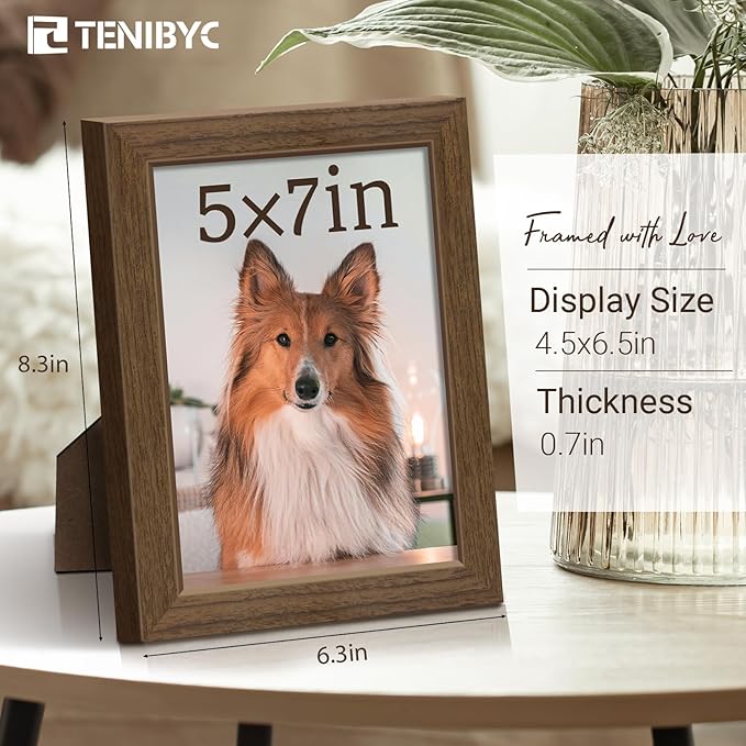 5x7 Picture Frame 3 Pack - Brown Woodgrain, Wood Photo Frame, HD Tempered Glass, Table Display or Wall Hanging