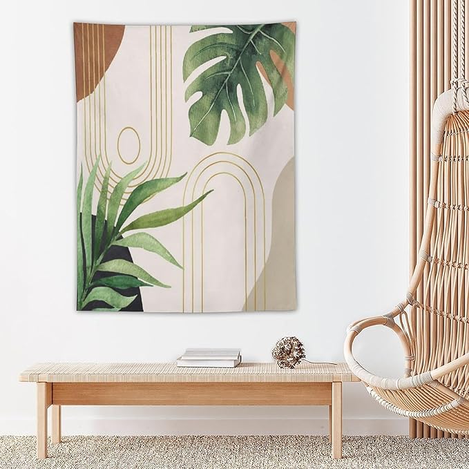 Abstract Boho Tapestry, Mid Century Tropical Tree Leaves Modern Geometric Arch Bohemian Botanical Tapestry, Home Aesthetic Wall Hanging Art Decor for Living Room Bedroom Dormitory 60x60 Inch
