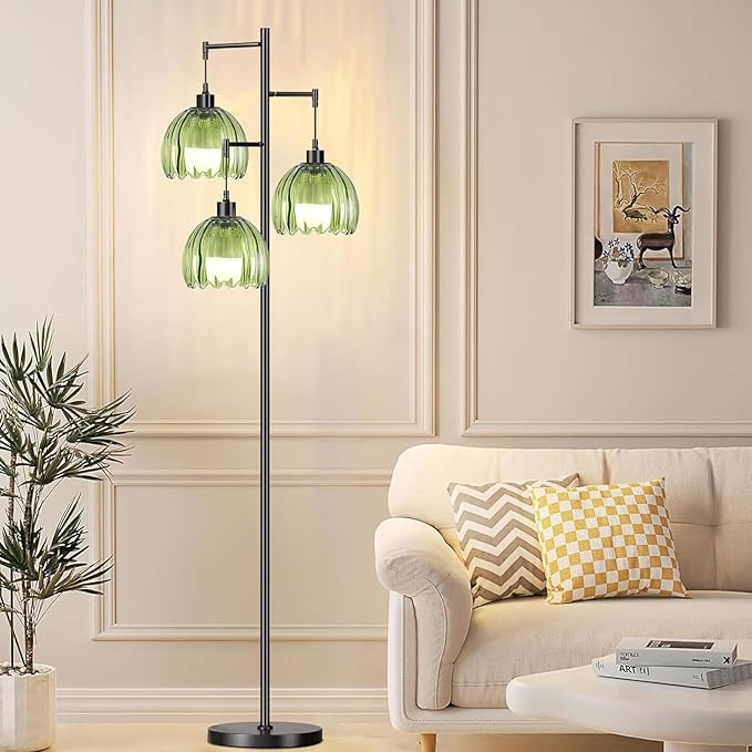 Glass Gold Floor Lamp for Living Room,Bedroom,Mid Century Modern Standing Lamp Brass Tree 3 Light Tall Floor Lamps Vintage Retro Floor Lights Green Flower Lamp Shade Farmhouse Boho Bohemian
