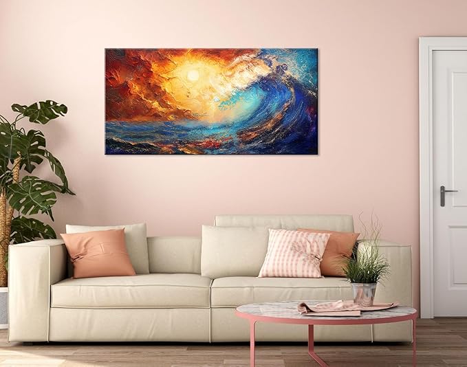 LASMOND Abstract Ocean Wall Art for Living Room Beautiful Blue Sea Wave Seawater Colorful Sky Landscape Wall Art Decor Artwork Bedroom Office (40 x 20 Inches)